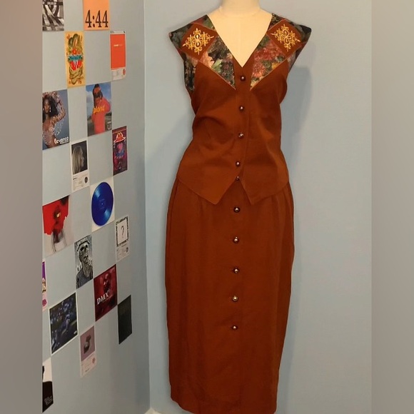 Vintage Ginger Brown Western Embroidered Vest and Skirt Two Piece - Picture 1 of 15